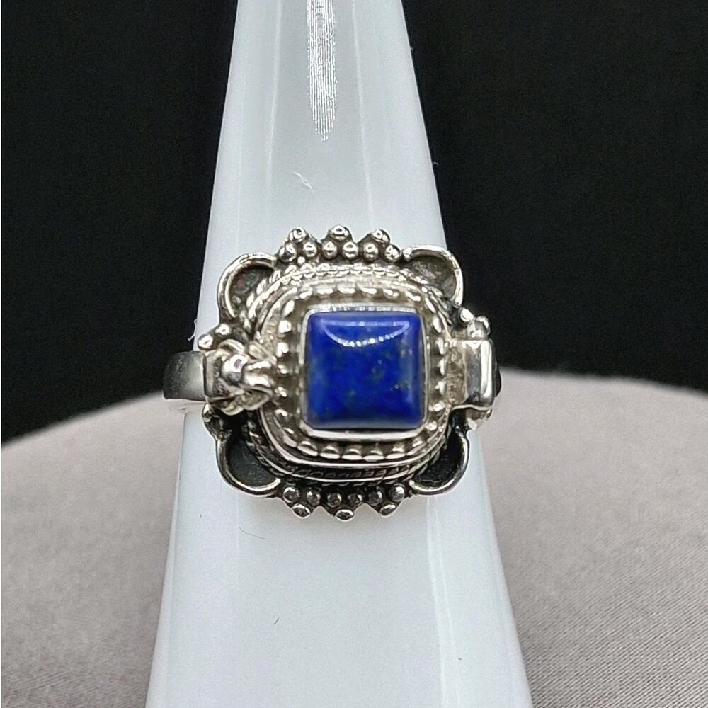 Sterling Silver Lapis Lazuli Poison Ring Size 7.5 Vintage Victorian Gothic